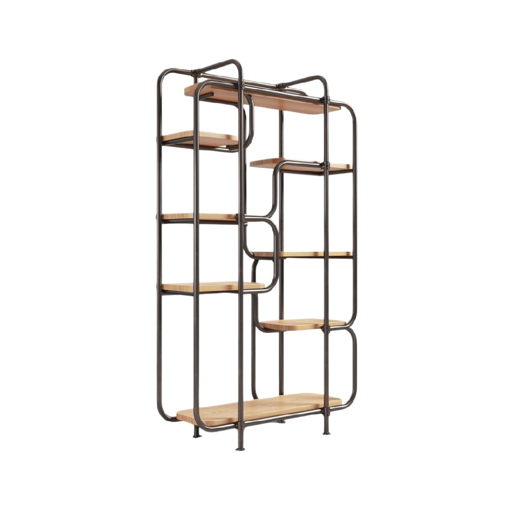 "Moderne boekenplank met metalen frame en houten planken"
